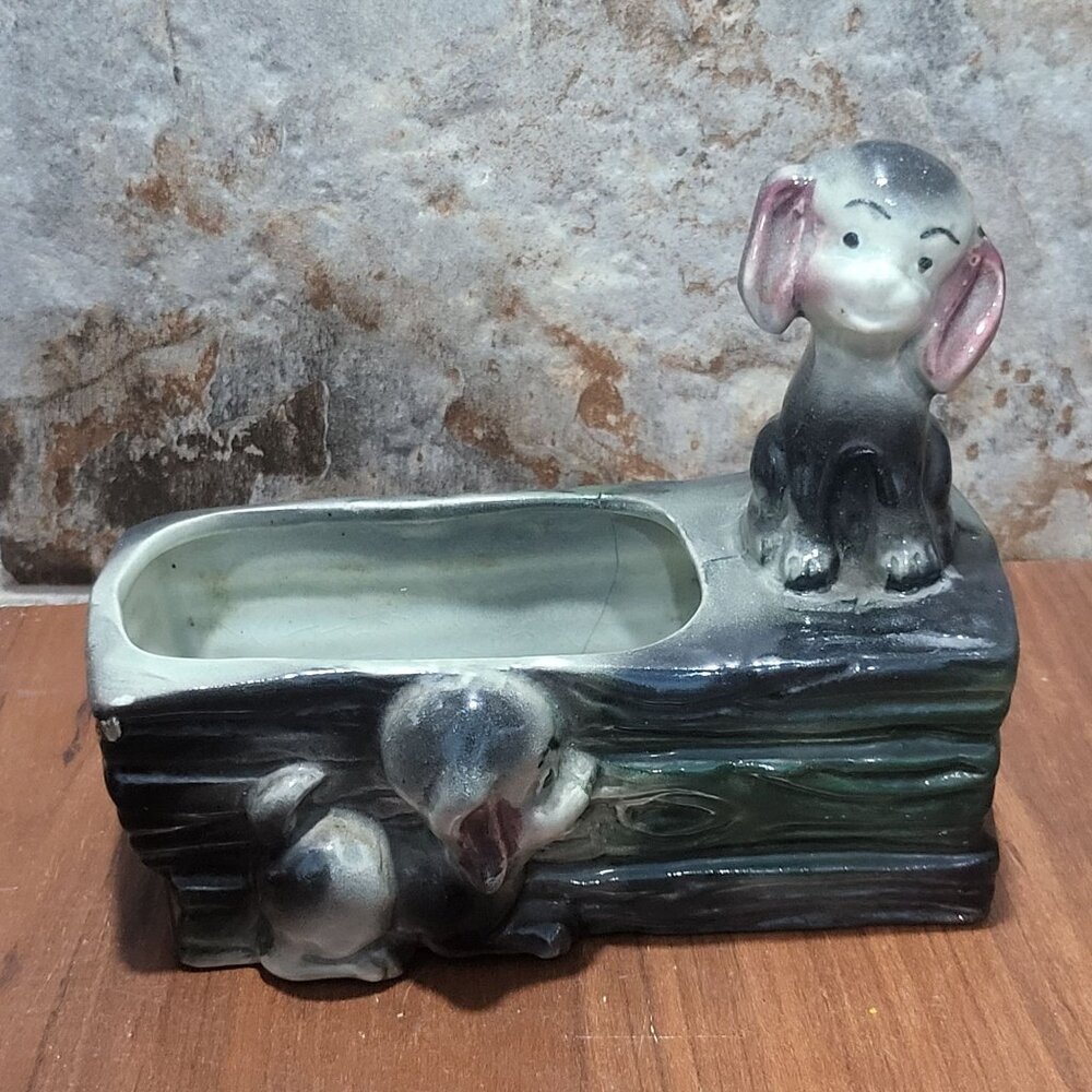 Vintage Dog Planter Green Black Two Puppies One On Side Other Sitting On Top
